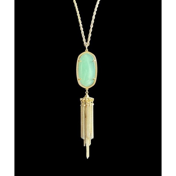 Kendra Scott Rayne Long Pendant Necklace Green Stone Tassel Gold Boho Western - Picture 2 of 4